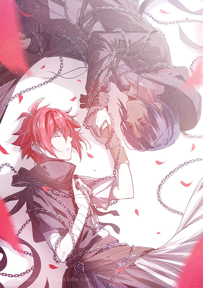 cang (iphis233), izumi iori, nanase riku, idolish7, 2boys, bandaged arm, bandages, black hair, blurry, blurry foreground, bound, bound arms, bound fingers, bound together, bound torso, bound wrists, brown sash, brown wrist cuffs, chain, cloak, closed eyes, coat, dappled sunlight, facing another, falling petals, grey cloak, grey coat, grey kimono, hand on own chest, holding, holding chain, holding hands, hood, hooded cloak, hooded coat, japanese clothes, kimono, light particles, lying, male focus, multiple boys, on side, petals, red hair, red petals, shirt, short sleeves, sleeping, sunlight, tied up (nonsexual), white background, white shirt, wrist cuffs