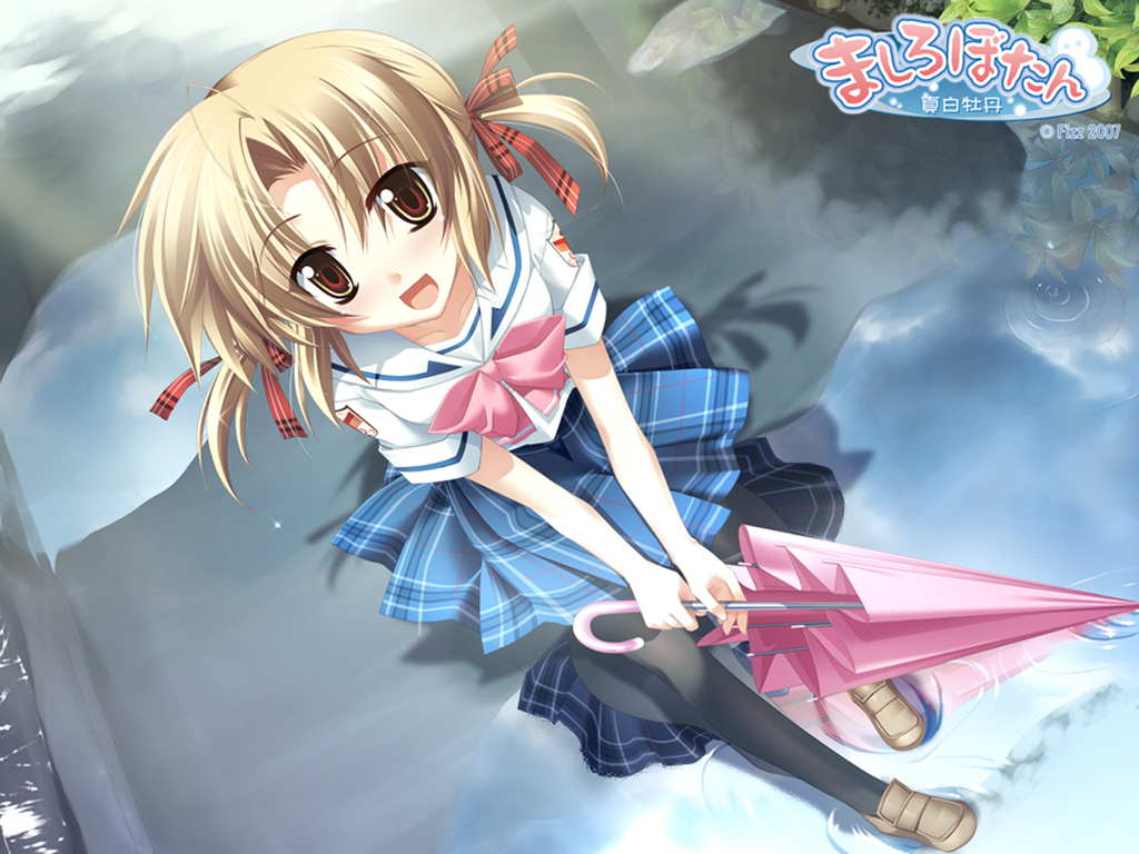 minazuki haruka, shiraishi yukana, mashiro botan, mashirobotan shokai han, blonde hair, open mouth, pantyhose, school uniform, serafuku, short hair, solo, umbrella