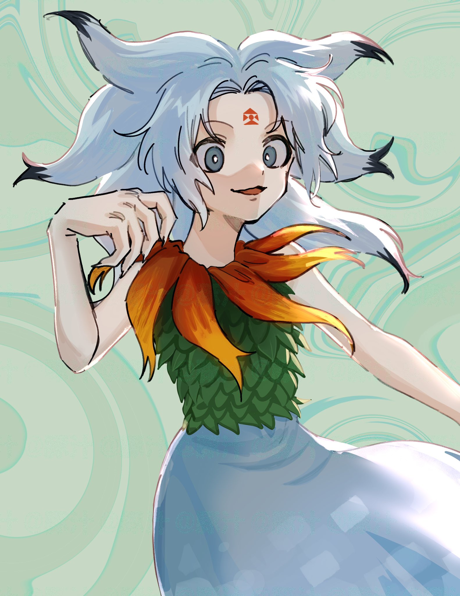 ame iru, houjuu chimi, touhou, highres, 1girl, bare shoulders, blue skirt, bright pupils, collar, facial mark, forehead mark, green background, green shirt, grey eyes, medium hair, open mouth, parted bangs, shirt, skirt, sleeveless, sleeveless shirt, smile, solo, white hair, white pupils
