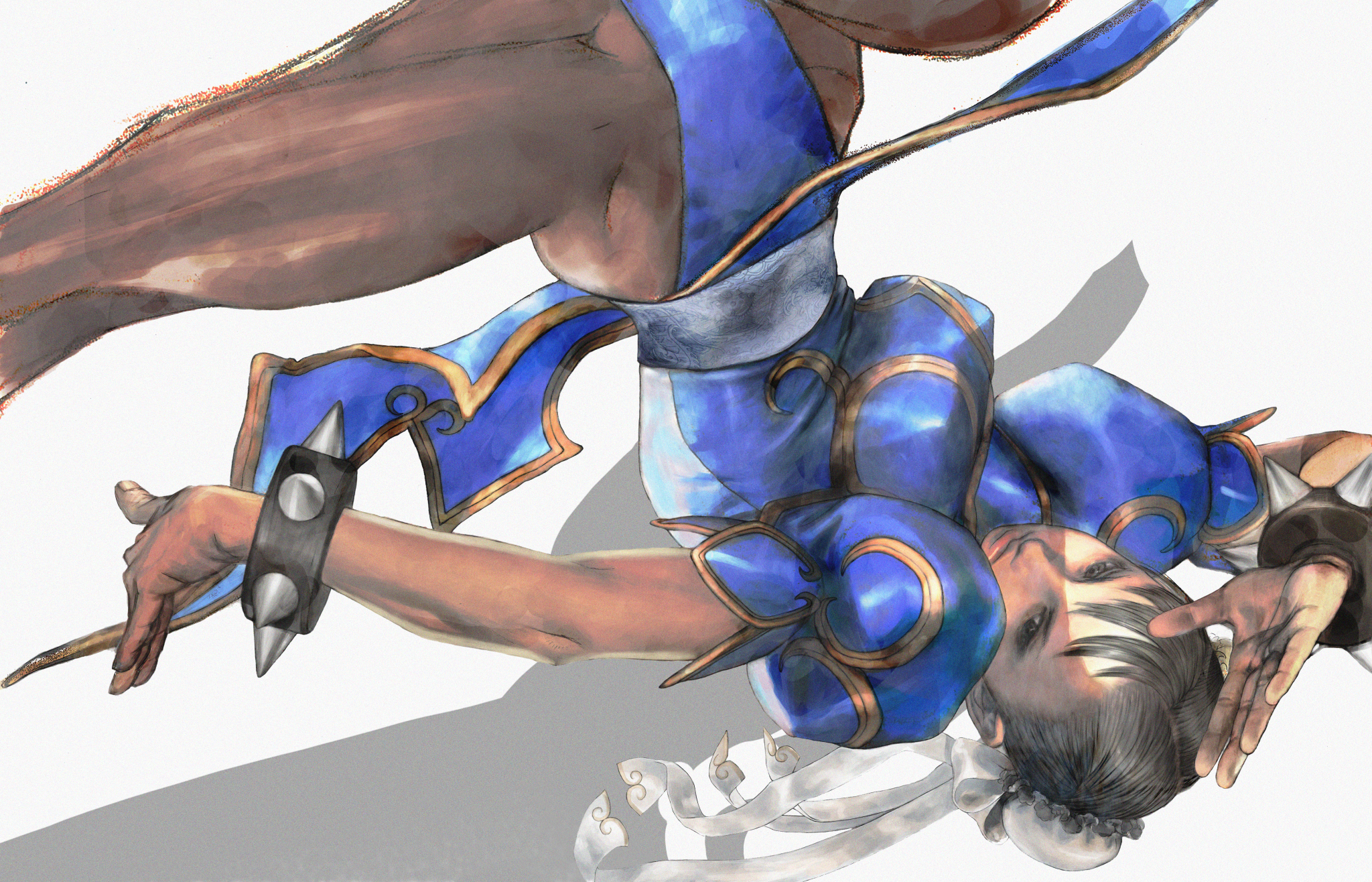 yasuda akira, chun-li, capcom, street fighter, highres, non-web source, official art, 1girl, bracelet, brown eyes, brown hair, bun cover, china dress, chinese clothes, double bun, dress, fighting stance, hair bun, jewelry, kicking, panties, pantyhose, pelvic curtain, sash, solo, spiked bracelet, spikes, spinning bird kick, studded bracelet, thick thighs, thighs, underwear, unitard, upside-down
