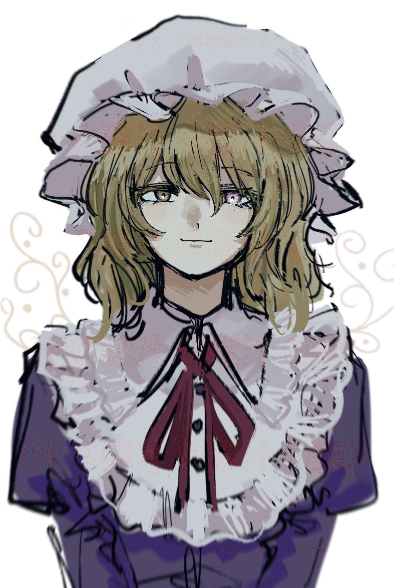 ame iru, maribel hearn, touhou, highres, 1girl, blonde hair, closed mouth, dress, hair between eyes, hat, heterochromia, light smile, long sleeves, looking at viewer, medium hair, mob cap, purple dress, purple eyes, solo, upper body, white background, yellow eyes