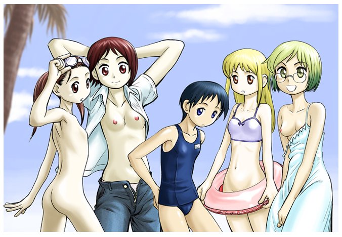 anzo tei, ana coppola, itou chika, itou nobue, matsuoka miu, sakuragi matsuri, ichigo mashimaro, bad id, bad pixiv id, 5girls, aged up, ass, bikini, black hair, blonde hair, bottomless, breasts, brown hair, day, denim, dress, flat chest, glasses, goggles, innertube, jeans, loli, long hair, multiple girls, nipples, no bra, nude, one-piece swimsuit, open clothes, open shirt, panties, pants, red hair, school swimsuit, shirt, short hair, siblings, sisters, small breasts, strap slip, swim ring, swimsuit, twintails, underwear, unzipped, white dress