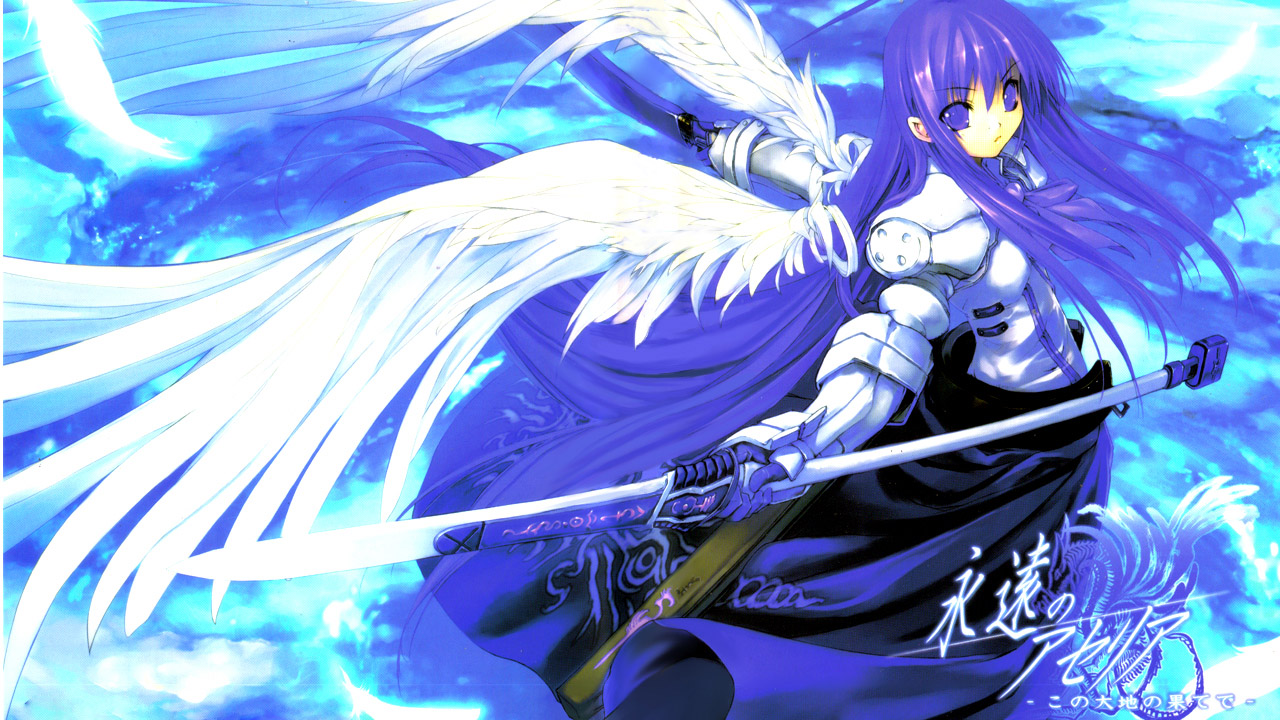 hitomaru, aselia bluespirit, eien no aselia, eternity sword series, 1girl, armor, armored dress, copyright name, dress, long hair, polearm, purple eyes, purple hair, spear, sword, valkyrie, weapon, wings