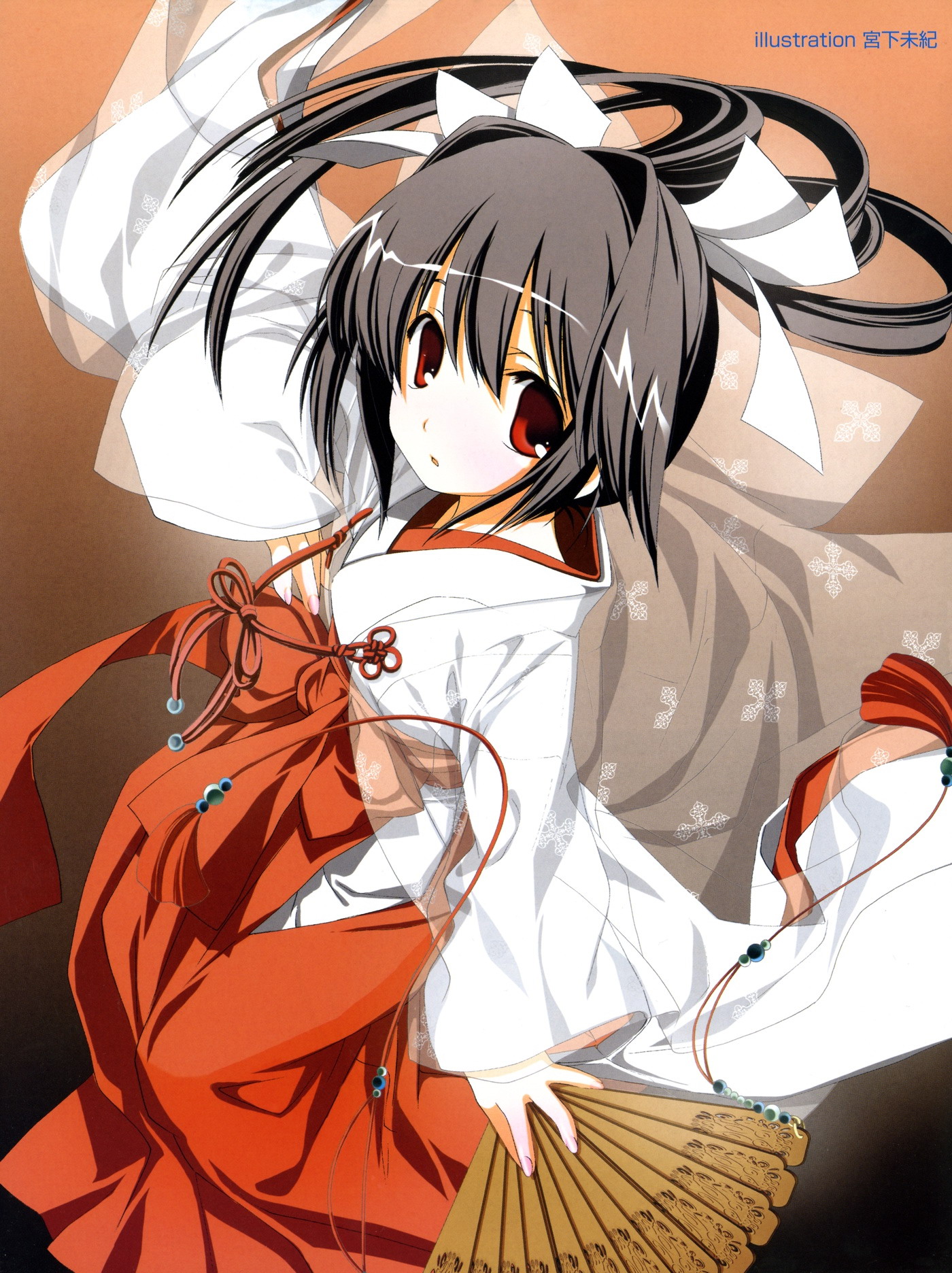 miyashita miki, highres, 1girl, black hair, female focus, folding fan, hakama, hakama skirt, hand fan, japanese clothes, long hair, miko, orange eyes, red hakama, skirt, solo
