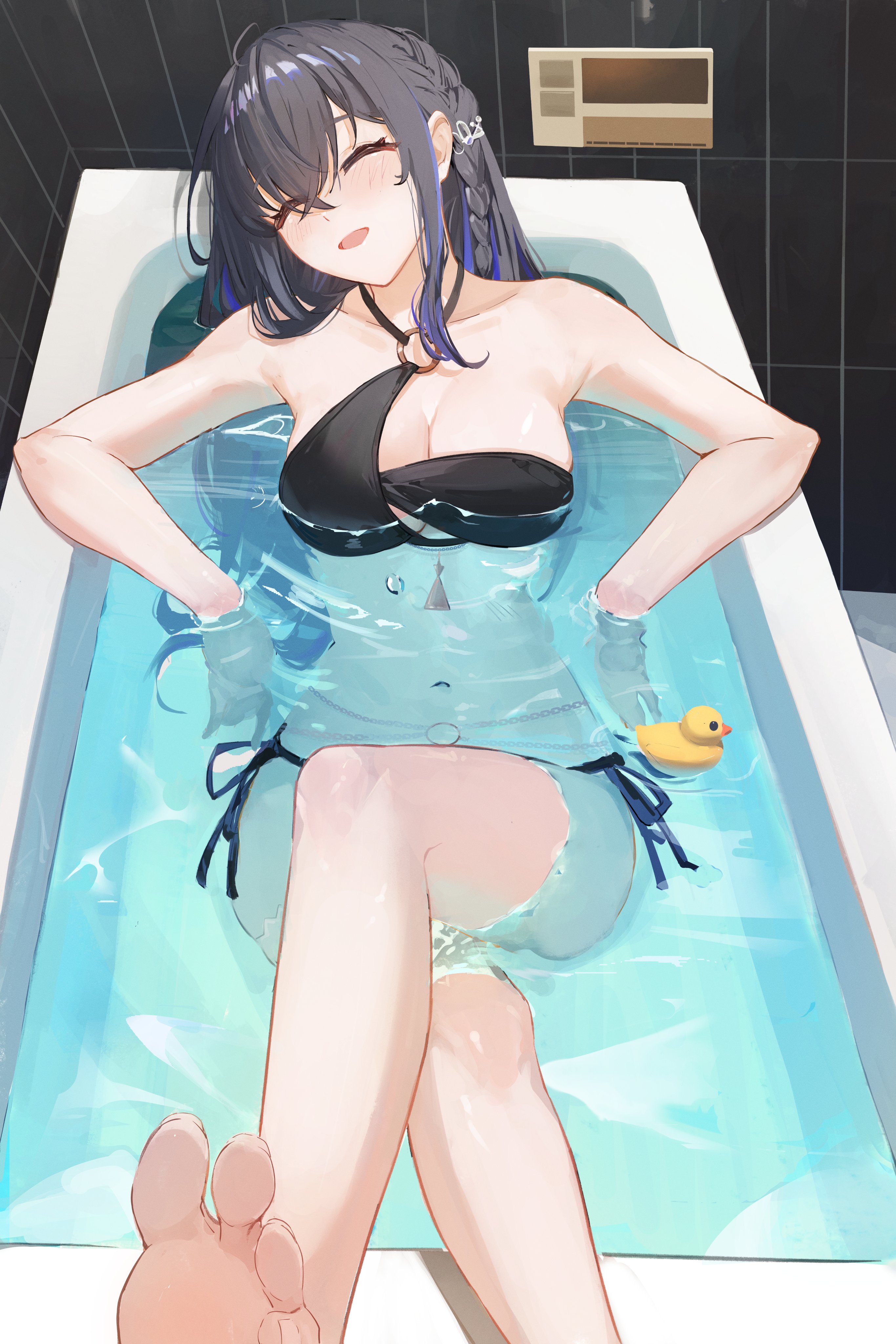 golfkirisagi, ichinose uruha, vspo!, absurdres, highres, 1girl, bare arms, bare shoulders, barefoot, bath, bathing, bathtub, bikini, black bikini, black hair, blue hair, braid, breasts, cleavage, closed eyes, in bathtub, long hair, medium breasts, multicolored hair, open mouth, partially submerged, rubber duck, solo, streaked hair, swimsuit, toes, two-tone hair, virtual youtuber, water