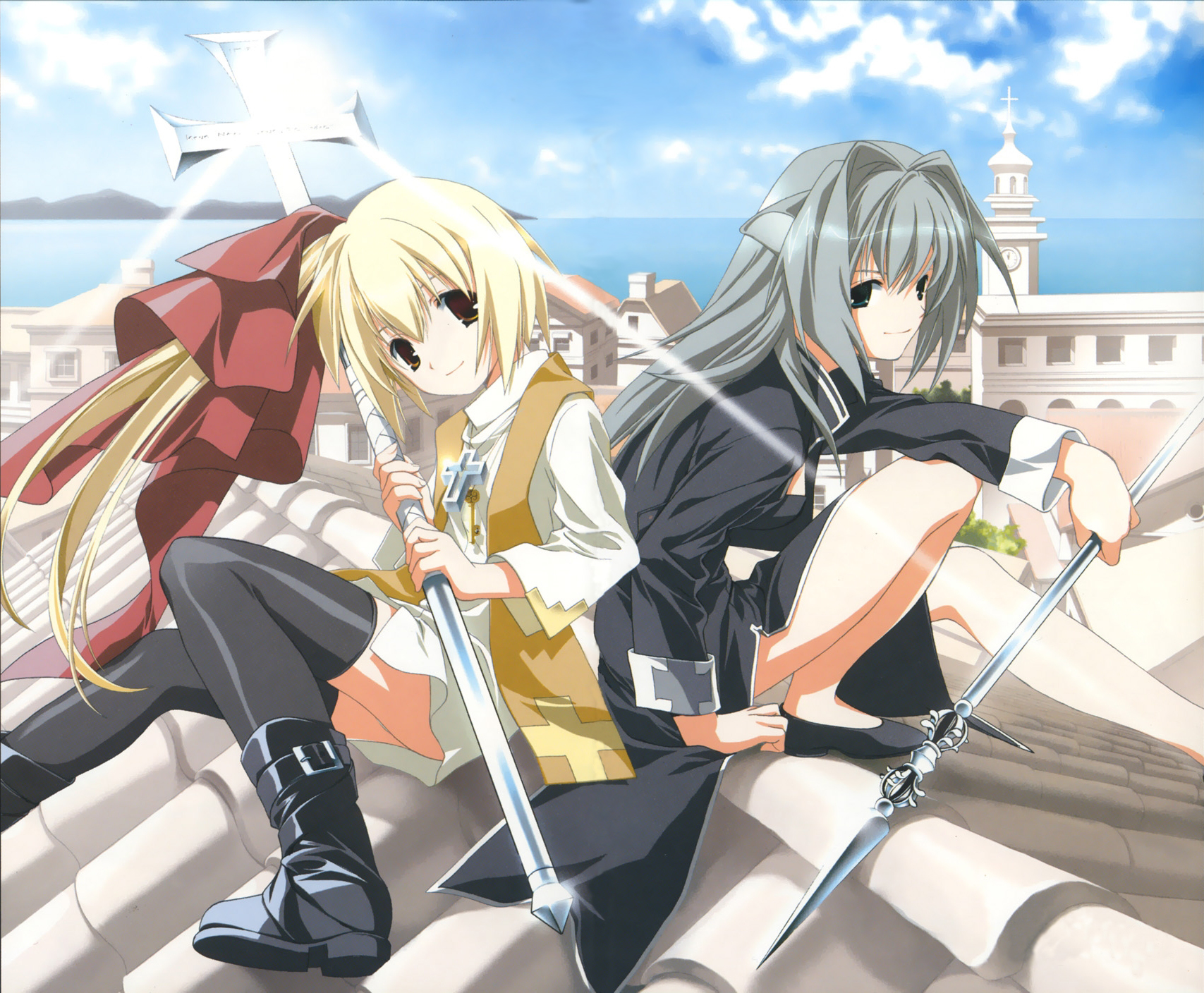 miyashita miki, watarai rikano, yan loulei, pixy gale, highres, 2girls, animal ears, aqua eyes, blonde hair, boots, brown eyes, building, cloud, cross, day, latin cross, long hair, multiple girls, rooftop, short hair, sitting, sky, thighhighs, tower