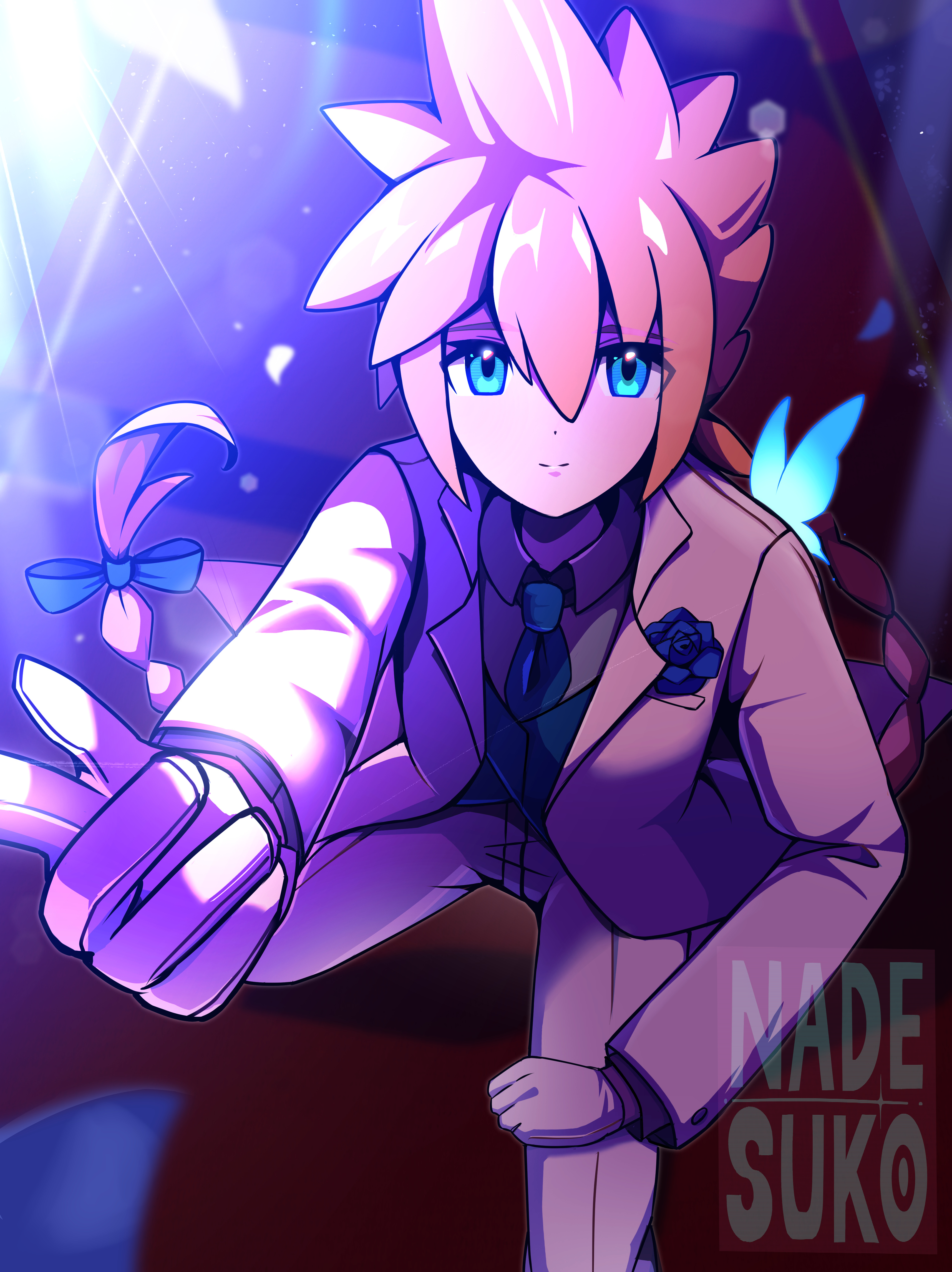 nadesukos, gunvolt, azure striker gunvolt, absurdres, highres, 1boy, black shirt, blonde hair, blue eyes, blue necktie, braid, braided ponytail, bug, butterfly, formal clothes, insect, jacket, long hair, male focus, necktie, pants, shirt, solo, suit, sunlight, white jacket, white pants, white suit