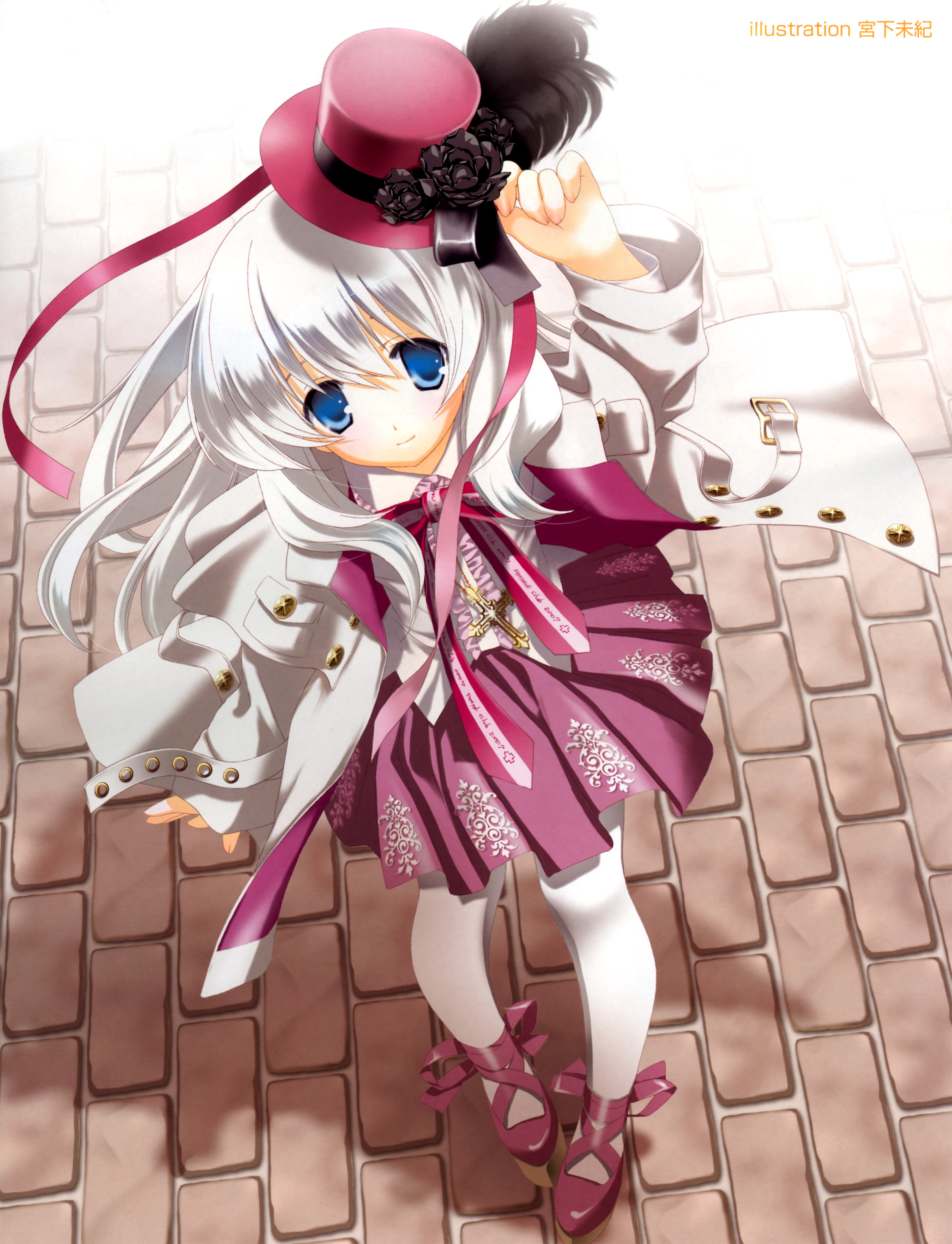 miyashita miki, absurdres, highres, 1girl, blue eyes, coat, cross, dress, female focus, flower, hat, hat tip, latin cross, long hair, mini hat, mini top hat, pantyhose, solo, top hat, white hair