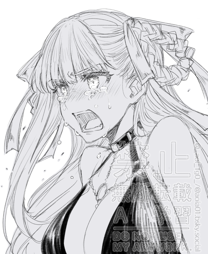 shino-o, bb (fate), bb dubai (fate), fate/grand order, fate (series), 1girl, bare shoulders, belly chain, black dress, blush, braid, braided hair rings, breasts, center opening, cleavage, crying, crying with eyes open, dress, hair ribbon, hair rings, jewelry, large breasts, long hair, monochrome, open mouth, ribbon, shouting, solo, tears, upper body