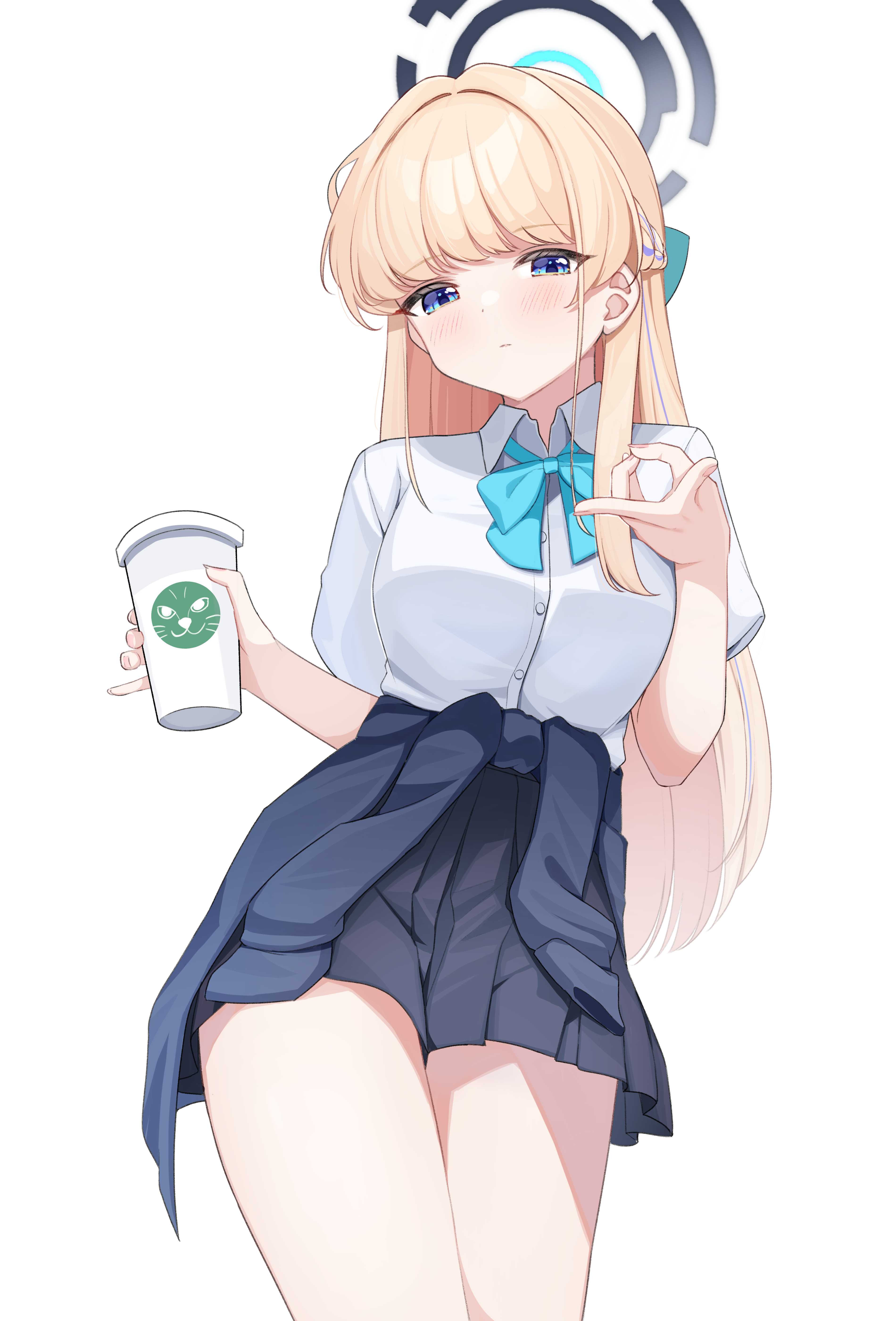 jing (947728534), toki (blue archive), toki (school uniform) (blue archive), blue archive, absurdres, highres, 1girl, aqua bow, black halo, black skirt, blonde hair, blue eyes, blush, bow, braid, closed mouth, clothes around waist, collared shirt, cup, disposable coffee cup, disposable cup, halo, holding, holding cup, jacket, jacket around waist, long hair, looking at viewer, official alternate costume, pleated skirt, shirt, short sleeves, simple background, skirt, very long hair, white background, white shirt
