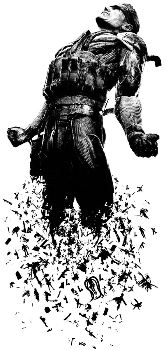old snake, solid snake, vulcan raven, konami, metal gear (series), metal gear solid 4: guns of the patriots, highres, official art, official wallpaper, 1boy, dissolving, greyscale, male focus, monochrome, snake, solo