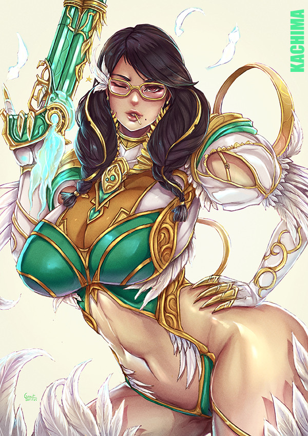 kachima, bayonetta, bayonetta (series), bayonetta 3, 1girl, breasts, cowboy shot, fake claws, feathers, glasses, gun, hand on own hip, hand up, holding, holding gun, holding weapon, large breasts, mole, mole under mouth, navel, revealing clothes, simple background, solo, standing, weapon