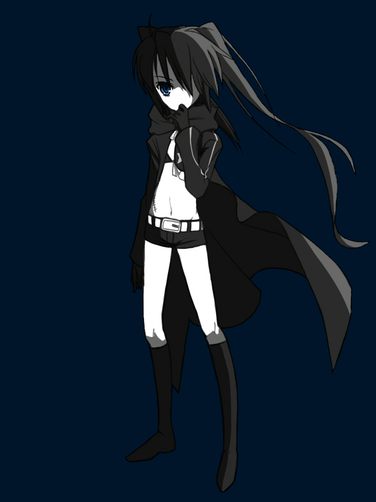 peace (g03134), peace (pixiv), black rock shooter (character), hatsune miku, black rock shooter, vocaloid, 10s, 1girl, black hair, blue eyes, dark, female focus, full body, midriff, monochrome, navel, scar, simple background, solo