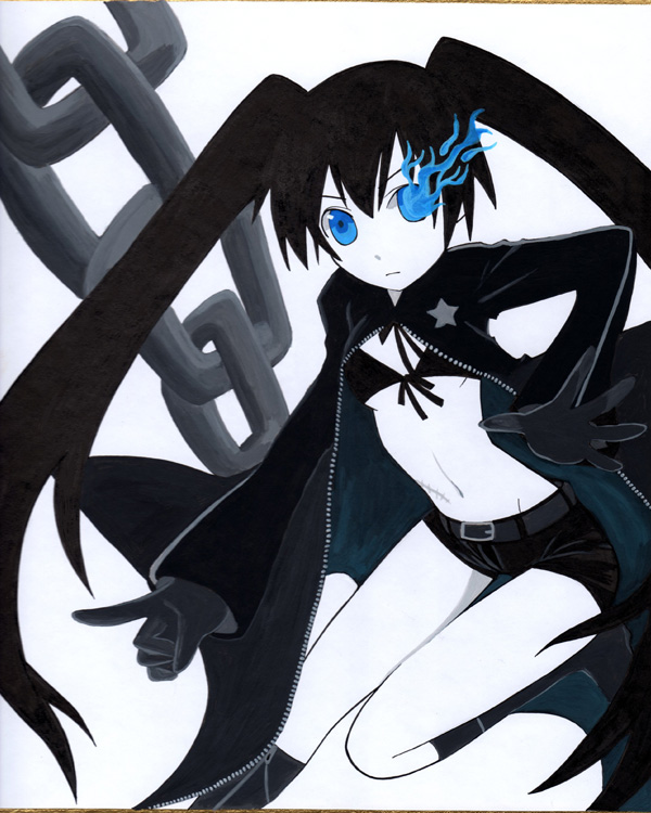 syaoruu, black rock shooter (character), hatsune miku, black rock shooter, vocaloid, 10s, 1girl, bad anatomy, black hair, blue eyes, chain, female focus, midriff, navel, poorly drawn, solo, twintails