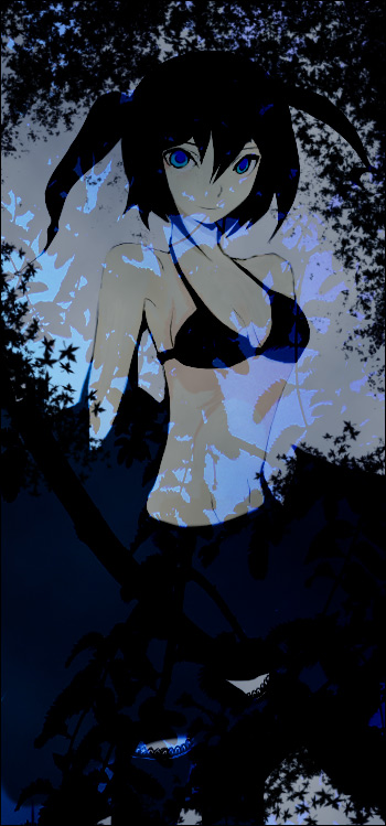 yonogi, black rock shooter (character), hatsune miku, black rock shooter, vocaloid, 10s, 1girl, black hair, breasts, female focus, midriff, monochrome, navel, solo, spot color