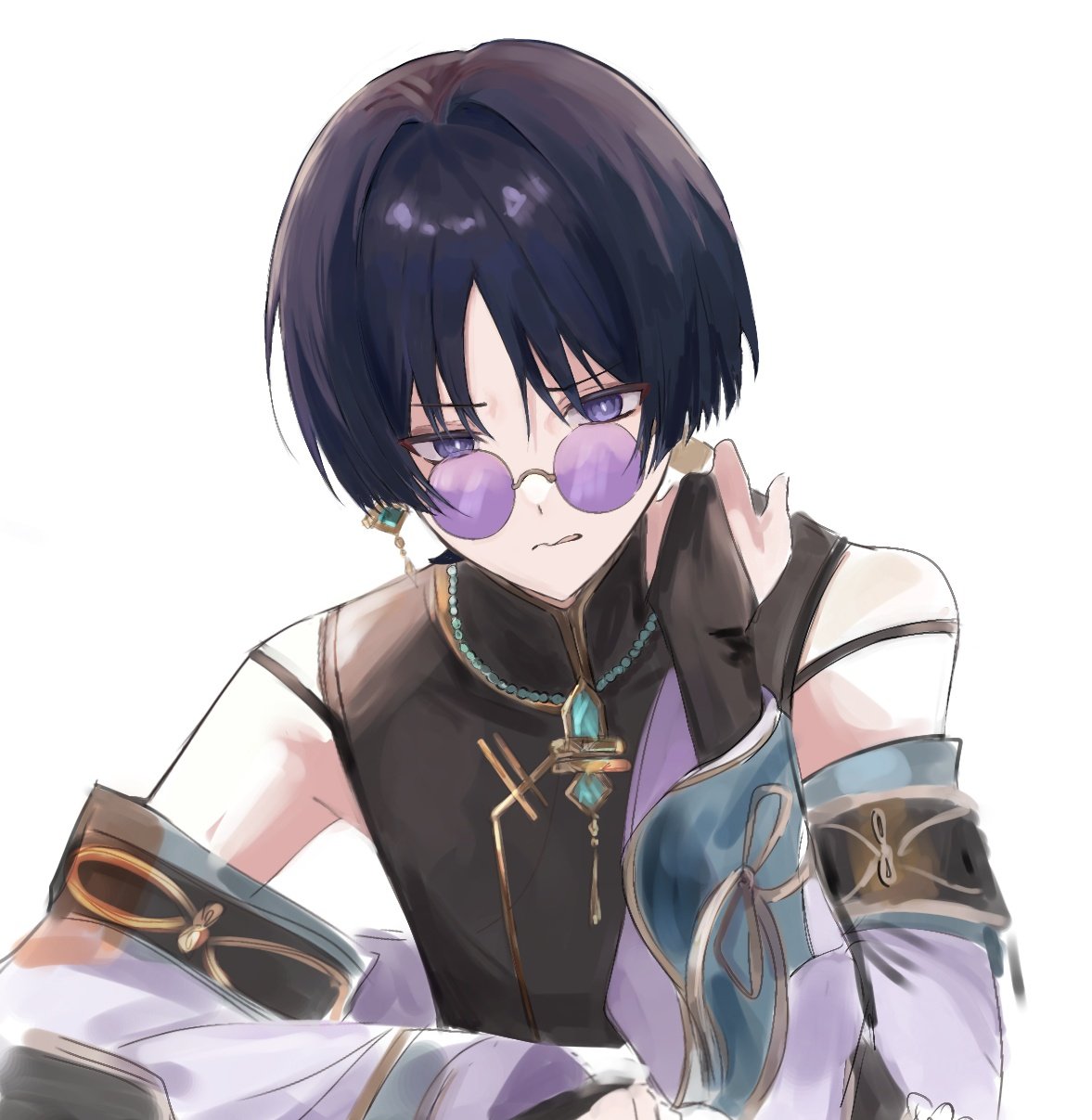 t112, scaramouche (genshin impact), genshin impact, derivative work, highres, 1boy, alternate costume, bead necklace, beads, bespectacled, black bridal gauntlets, black shirt, blunt ends, bridal gauntlets, bright pupils, chinese clothes, detached sleeves, earrings, eyeliner, eyeshadow, glasses, gold, gold trim, hair intakes, hand on own shoulder, hoyofair, jewelry, looking at viewer, makeup, male focus, mandarin collar, necklace, parted bangs, purple-tinted eyewear, purple eyes, red eyeliner, red eyeshadow, round eyewear, semi-rimless eyewear, shirt, sketch, solo, spaghetti strap, tinted eyewear, tongue, tongue out, tsurime, white background, white pupils, white sleeves, wispy bangs