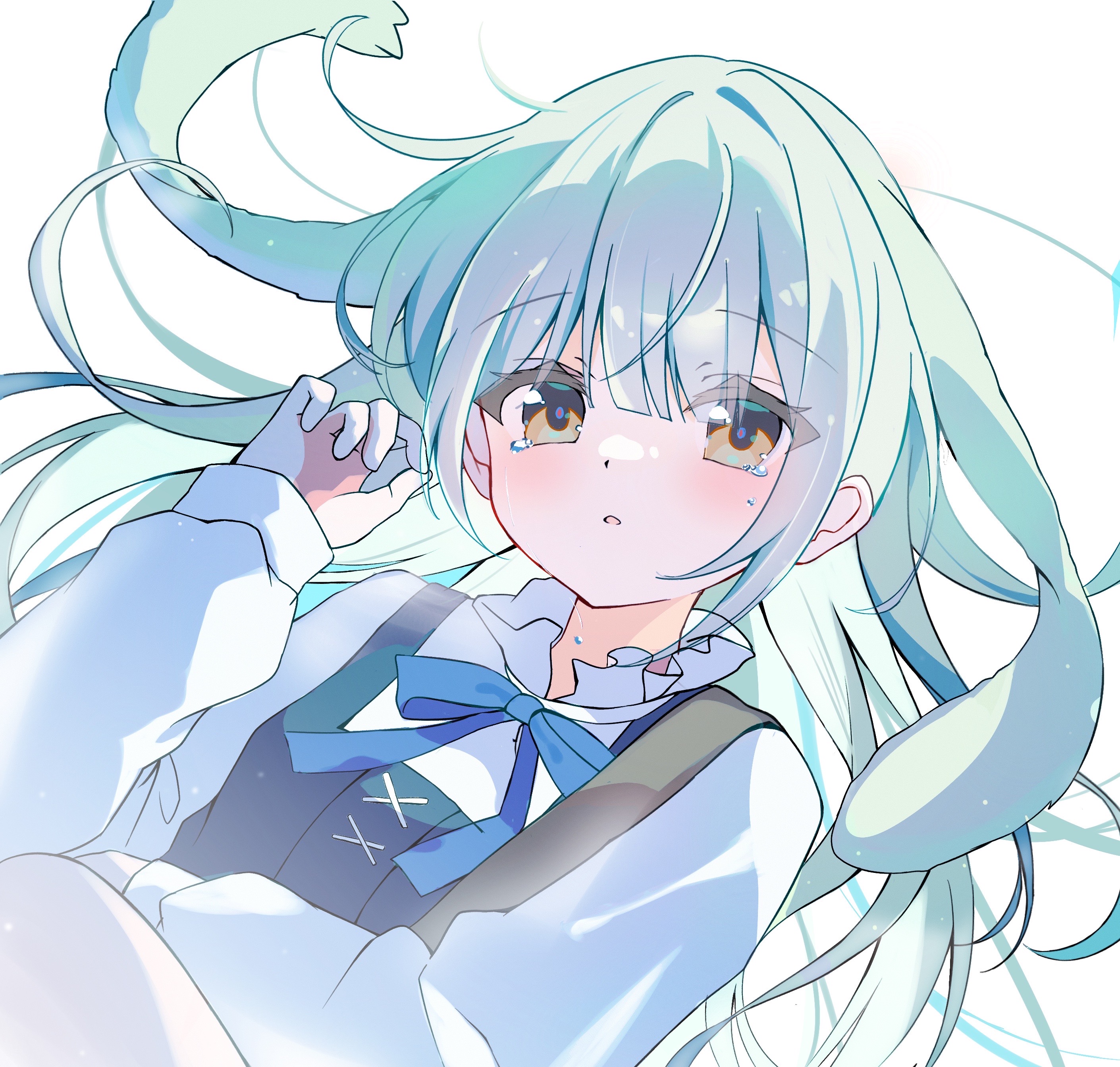 wakaba mutsumi, wakaba mutsumi (marionette's id), arknights, bang dream!, bang dream! it's mygo!!!!!, absurdres, chinese commentary, commentary request, highres, 1girl, animal ears, blue ribbon, blunt bangs, blush, brown eyes, floppy ears, green hair, hand up, long hair, long sleeves, looking at viewer, neck ribbon, parted lips, rabbit ears, rabbit girl, ribbon, shirt, sidelocks, simple background, solo, tearing up, tears, upper body, white background, white shirt, you ji huahewu