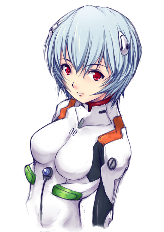 waku, waku (artist), ayanami rei, neon genesis evangelion, silver hair, 1girl, blue hair, blush, bodysuit, brooch, closed mouth, female focus, gem, headgear, interface headset (evangelion), jewelry, looking at viewer, mecha pilot suit, plugsuit (evangelion), short hair, simple background, smile, solo, upper body, white background