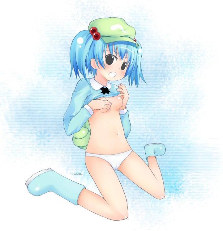 akasa tana, kawashiro nitori, touhou, 1girl, bag, blue hair, breasts, female focus, full body, gradient background, hat, panties, short hair, signature, solo, underwear, white background