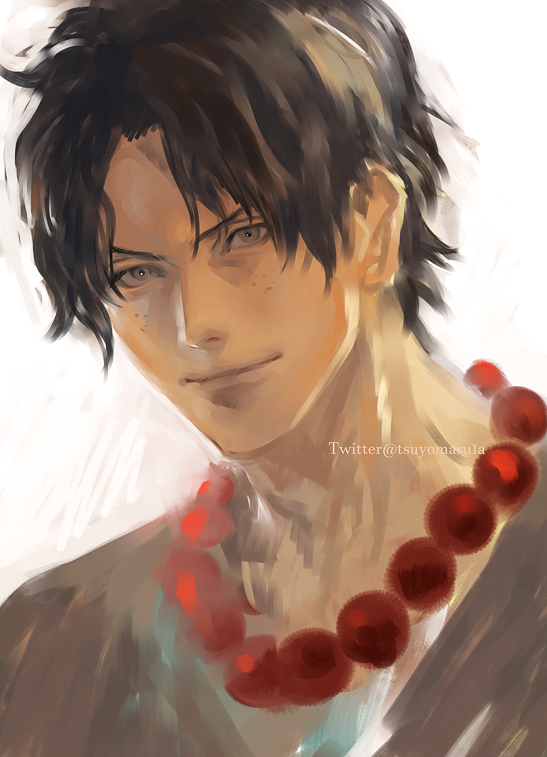 tsuyomaru, portgas d. ace, one piece, highres, making-of available, 1boy, black hair, closed mouth, freckles, jewelry, male focus, necklace, pearl necklace, short hair, simple background, solo, twitter username
