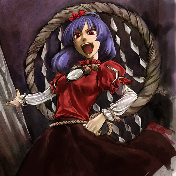 cervus, yasaka kanako, touhou, 1girl, :d, brooch, dress, female focus, gem, hair ornament, hand on own hip, hip focus, jewelry, layered sleeves, leaf hair ornament, long sleeves, looking at viewer, open mouth, puffy short sleeves, puffy sleeves, purple hair, red dress, red eyes, short hair, short over long sleeves, short sleeves, smile, solo