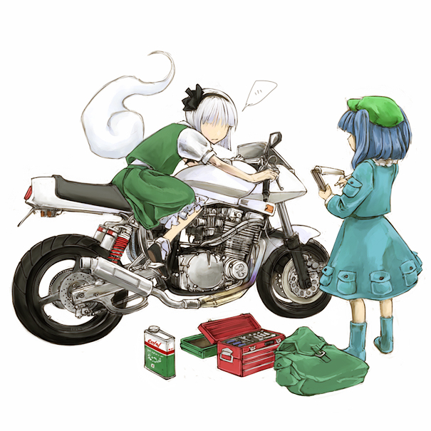cervus, kawashiro nitori, konpaku youmu, konpaku youmu (ghost), touhou, vehicle, …, 2girls, backpack, bag, blue hair, boots, clipboard, female focus, hat, hitodama, long sleeves, motor vehicle, motorcycle, multiple girls, no eyes, puffy short sleeves, puffy sleeves, shoes, short hair, short sleeves, skirt, socks, spoken ellipsis, toolbox, twintails, two side up, vest, white hair