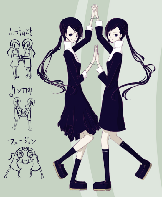 chef no kimagure salad, mikipuruun no naegi, bad id, bad pixiv id, 2girls, black hair, dress, long hair, multiple girls, pale skin, ponytail, siblings, sisters, skirt, twins