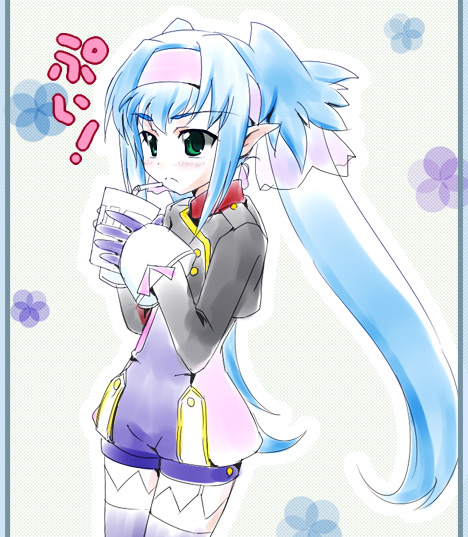 shiwo, klan klein, macross, macross frontier, 00s, blue hair, green eyes, headband, long hair, pointy ears, solo, thighhighs
