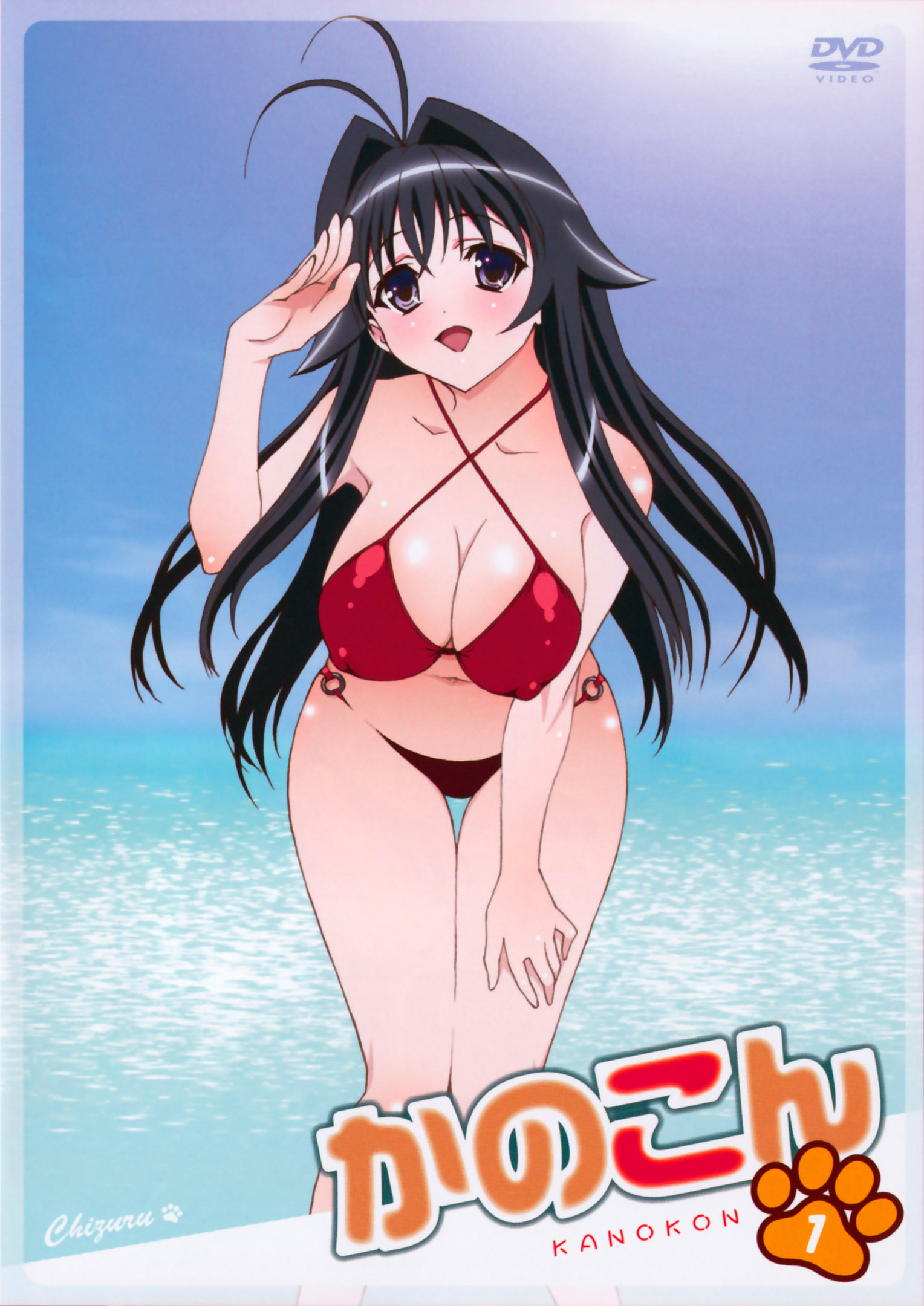 takami akio, minamoto chizuru, kanokon, highres, non-web source, 00s, antenna hair, beach, bent over, bikini, black hair, blush, breasts, cleavage, cover, covered erect nipples, dvd cover, hand on own thigh, large breasts, long hair, red bikini, smile, solo, swimsuit, wide hips