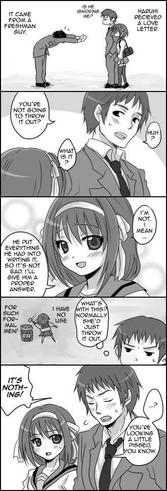 kyon, suzumiya haruhi, suzumiya haruhi no yuuutsu, 00s, blush, comic, greyscale, monochrome