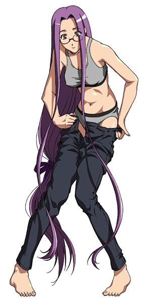 medusa (fate), medusa (rider) (fate), fate/stay night, fate (series), 00s, 1girl, barefoot, bra, denim, female focus, glasses, jeans, lingerie, long hair, low-tied long hair, midriff, panties, pants, solo, underwear, undressing, very long hair
