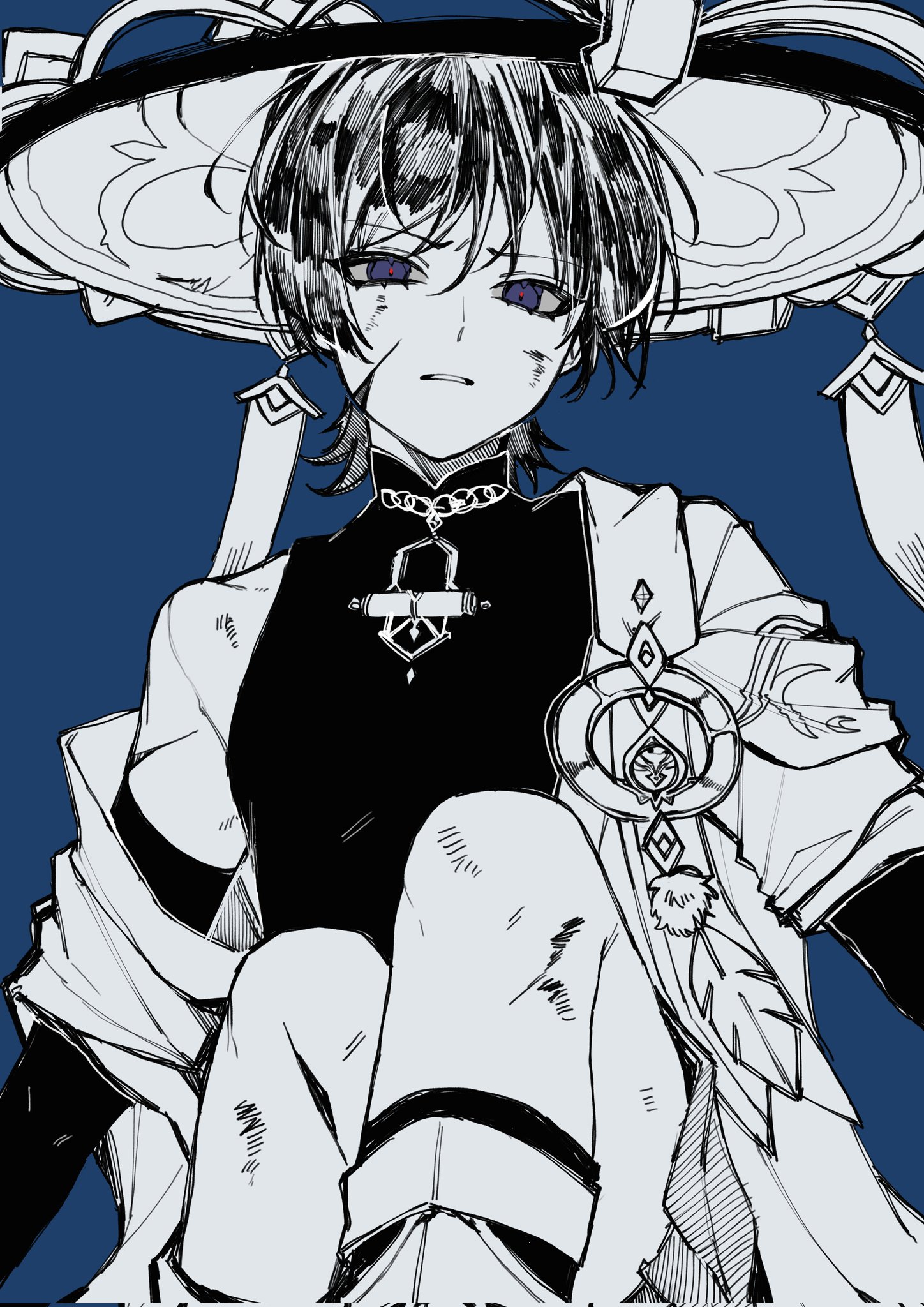 scaramouche (genshin impact), wanderer (genshin impact), genshin impact, highres, 1boy, anemo symbol (genshin impact), arms at sides, bell, blue background, blunt ends, bridal gauntlets, cape, cracked skin, crossed legs, eyelashes, feathers, gem, greyscale, greyscale with colored background, japanese clothes, jingle bell, kimono, kinich requiem, leg warmers, looking at viewer, male focus, mandarin collar, monochrome, open clothes, open kimono, parted lips, pom pom (clothes), purple eyes, red pupils, scratches, short sleeves, single bare shoulder, single off shoulder, sitting, solo, spot color, tsurime, vision (genshin impact), wispy bangs