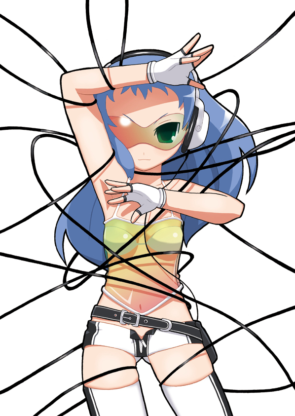 imaizumi teruhiko, original, blue hair, cable, fingerless gloves, gloves, green eyes, headphones, long hair, navel, see-through clothes, solo, sunglasses, thighhighs