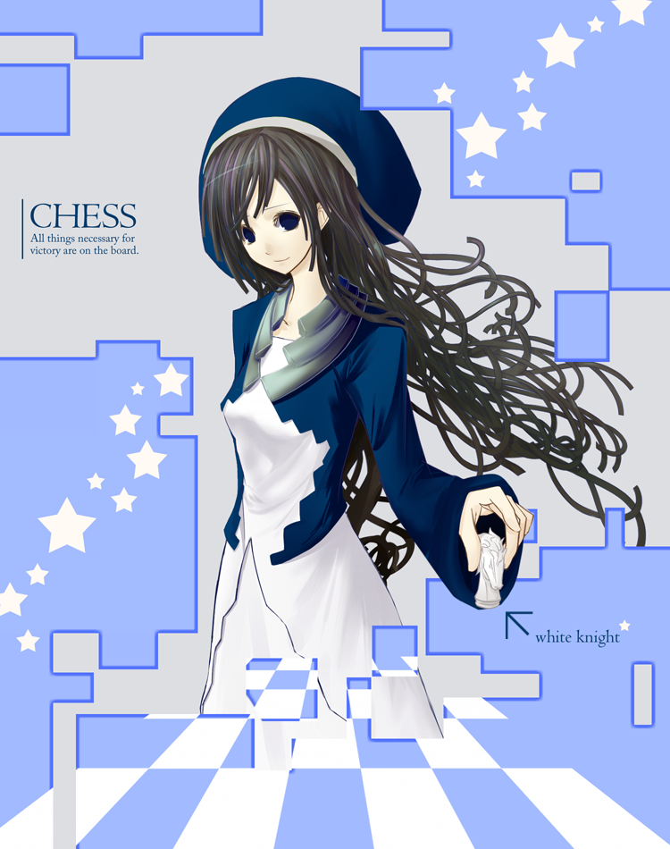 chef no kimagure salad, mikipuruun no naegi, bad id, bad pixiv id, 1girl, board game, breasts, brown hair, chess, chess piece, dress, female focus, hat, knight (chess), light smile, long hair, small breasts, solo, star (symbol)