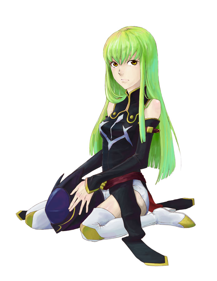 akitu kouta, c.c., code geass, 00s, boots, detached sleeves, green hair, kneeling, long hair, mask, solo, thighhighs, yellow eyes