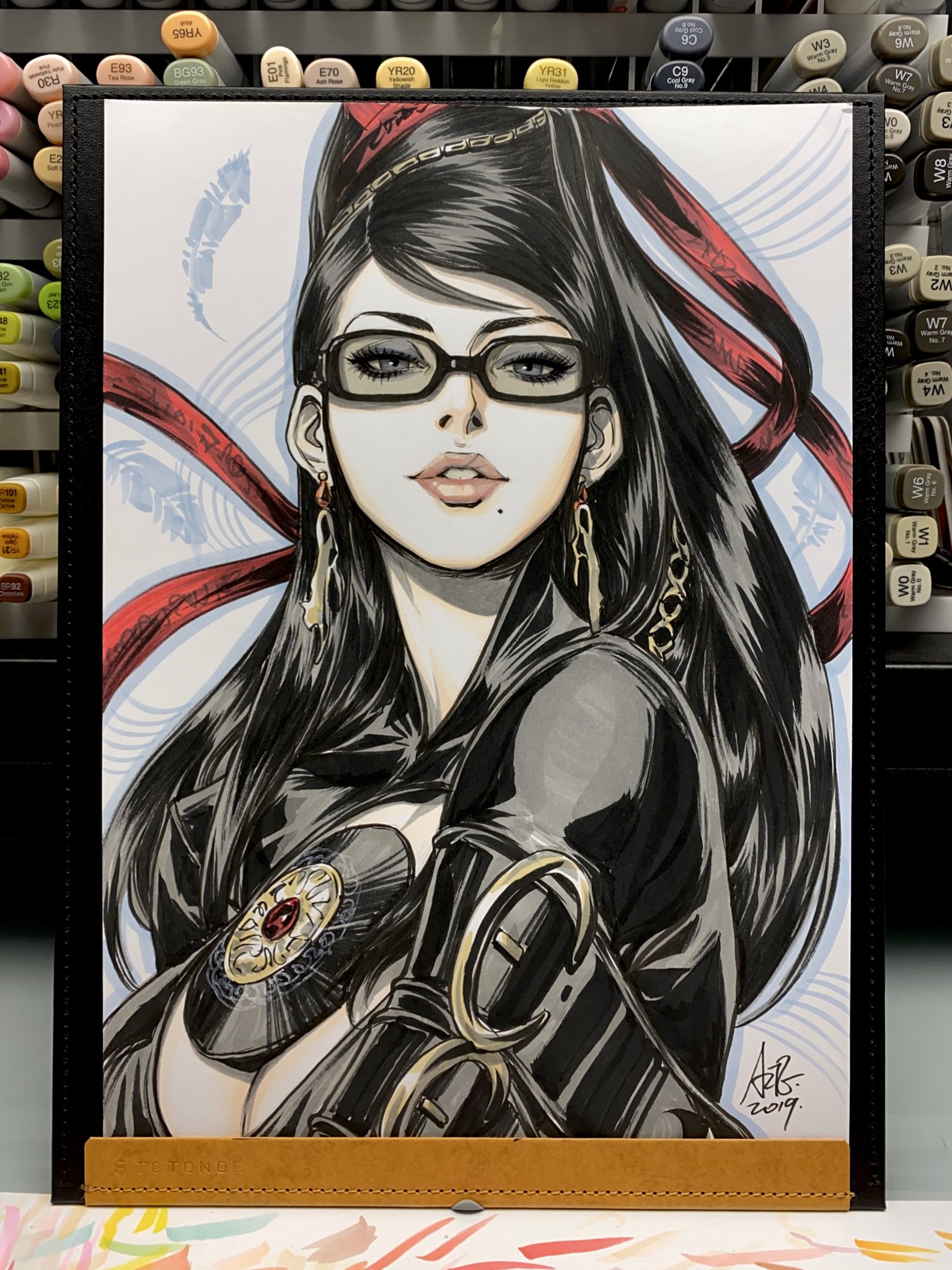 stanley lau, bayonetta, bayonetta (series), bayonetta 1, highres, traditional media, 1girl, black bodysuit, black hair, bodysuit, breasts, cleavage, glasses, long hair, looking at viewer, mole, mole under mouth, parted lips, portrait, solo