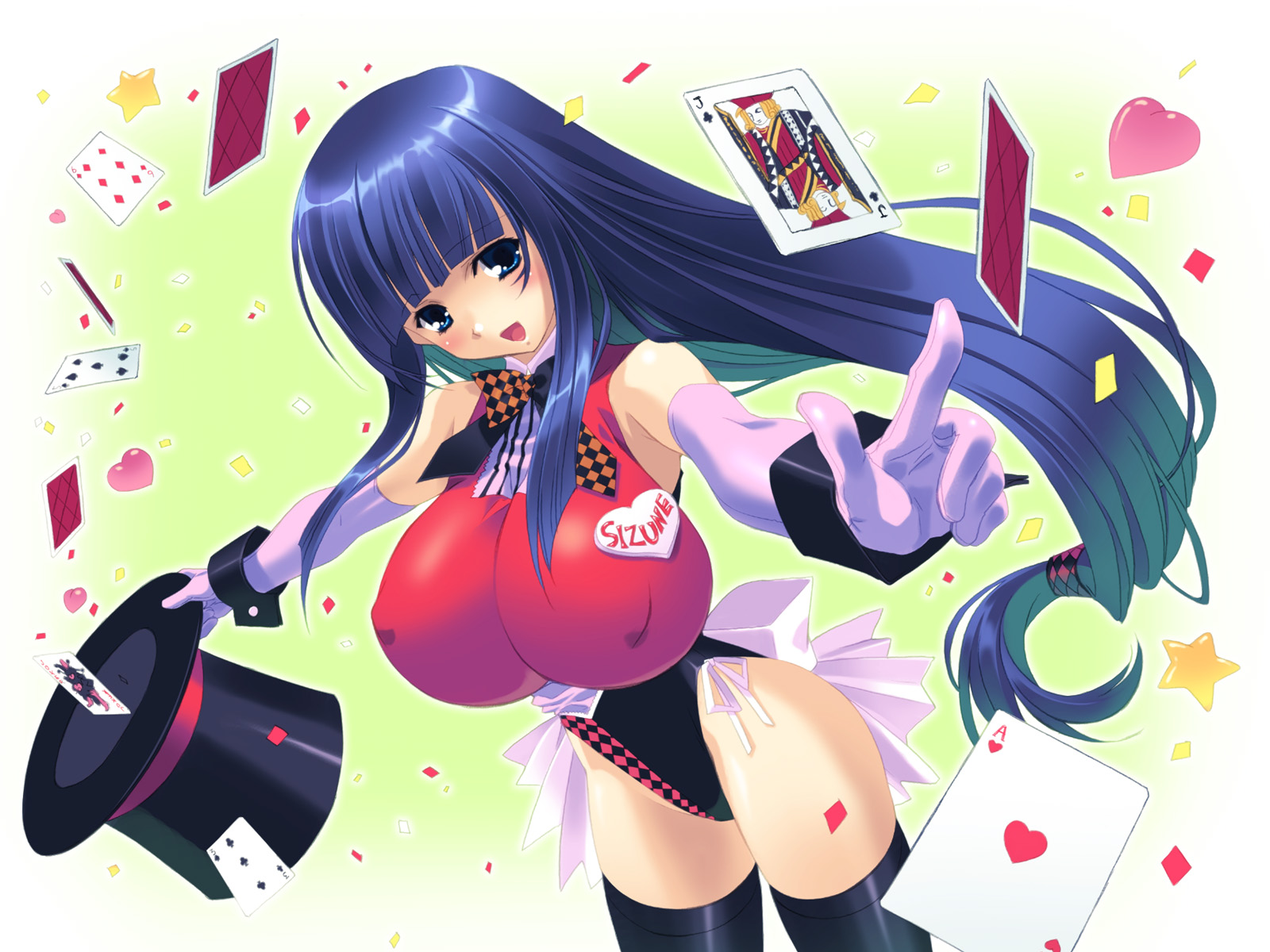 ino (magloid), umetori uriri, fuutou shizune, oshioki sweetie, highres, 1girl, :d, bare shoulders, black leotard, black thighhighs, blue eyes, blue hair, blunt bangs, blush, bow, bowtie, breasts, card, confetti, covered erect nipples, dutch angle, elbow gloves, female focus, floating card, floating hair, foreshortening, gloves, gradient background, green background, groin, hat, hat tip, heart, highleg, highleg leotard, holding, huge breasts, impossible clothes, impossible leotard, leotard, long hair, looking at viewer, looking back, low-tied long hair, magician, matching hair/eyes, name tag, open mouth, outstretched arms, pointing, profile, red leotard, ribbon, sash, scrunchie, sidelocks, smile, solo, spread arms, standing, star (symbol), thighhighs, top hat, turtleneck, very long hair, wrist cuffs