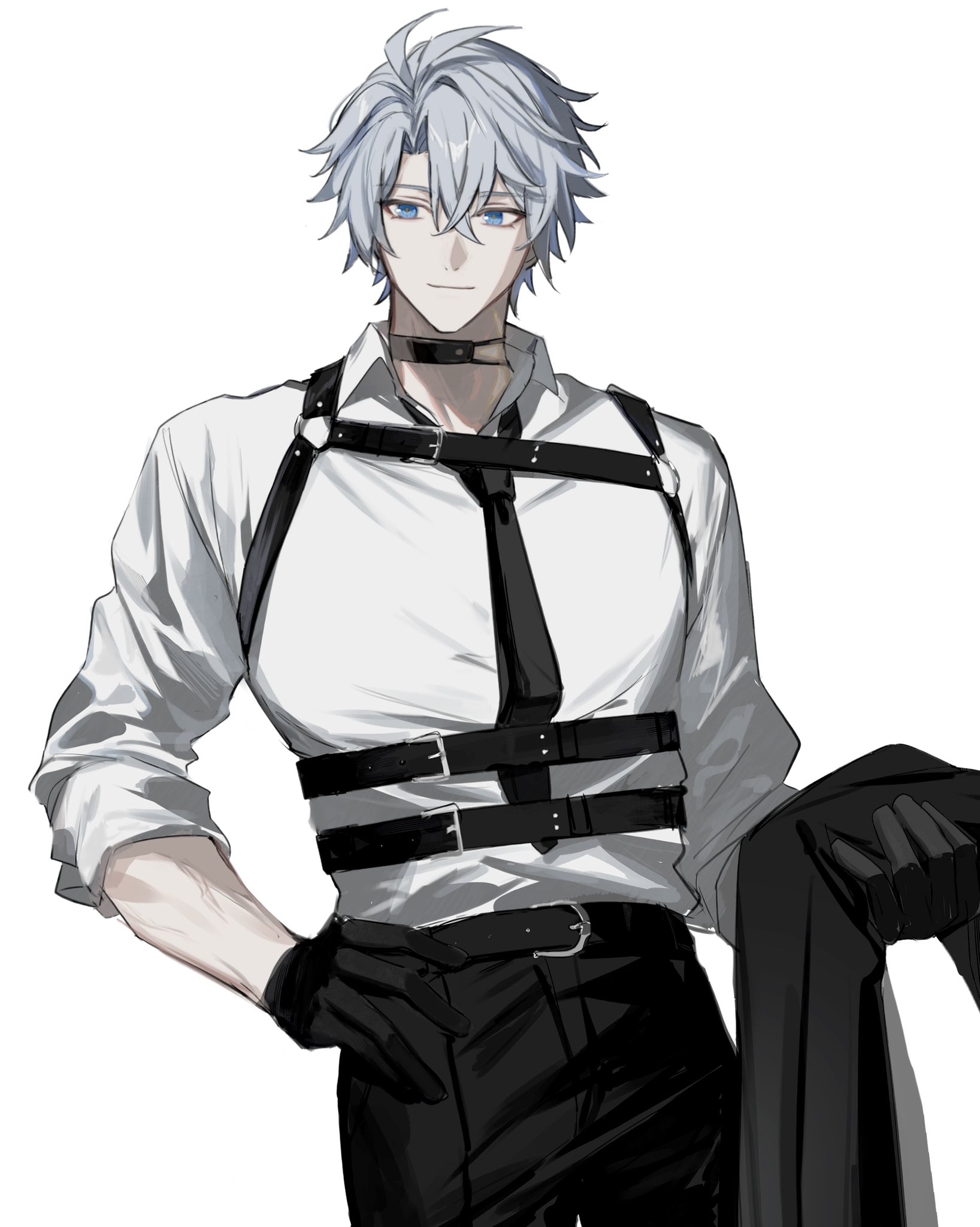 umenoume, phainon (honkai: star rail), honkai: star rail, honkai (series), highres, 1boy, belt, belt buckle, black belt, black gloves, black necktie, blue eyes, buckle, chest harness, closed mouth, collared shirt, cowboy shot, gloves, grey hair, hand on own hip, harness, male focus, necktie, shirt, short hair, simple background, smile, solo, three-quarter sleeves, white background, white shirt