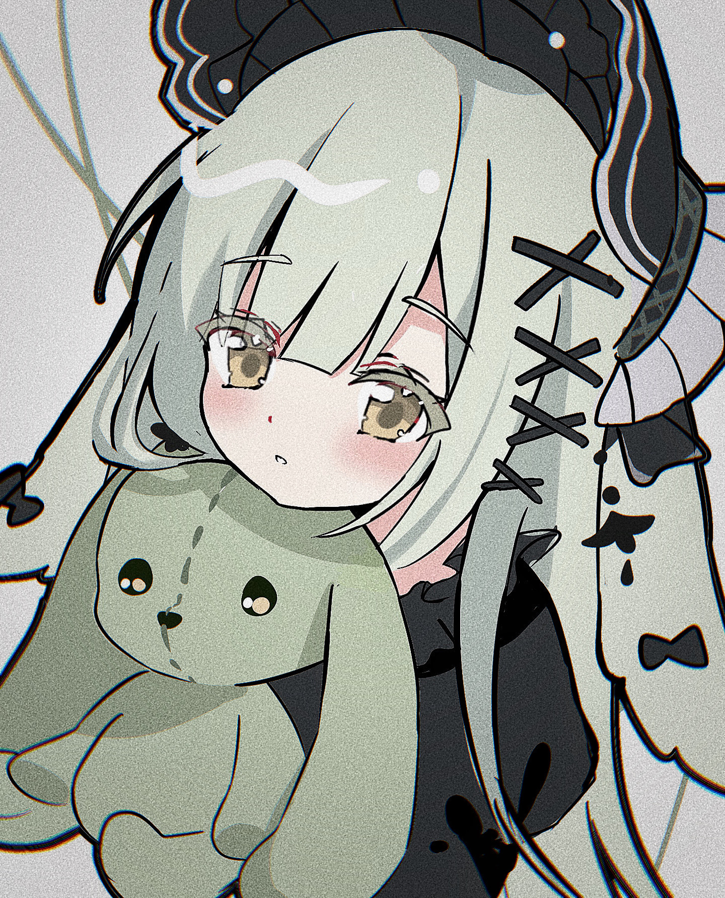 wakaba mutsumi, wakaba mutsumi (marionette's id), arknights, bang dream!, bang dream! it's mygo!!!!!, chinese commentary, commentary request, highres, 1girl, animal ears, black bonnet, bonnet, film grain, floppy ears, gothic lolita, green hair, grey background, hair ornament, lolita fashion, long hair, looking at viewer, parted lips, rabbit ears, rabbit girl, sidelocks, solo, stuffed animal, stuffed rabbit, stuffed toy, upper body, x hair ornament, yellow eyes, you ji huahewu