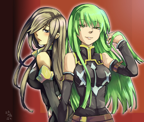 c.c., tear grants, yukana, code geass, tales of (series), tales of the abyss, 00s, adjusting hair, back-to-back, brown hair, crossover, detached sleeves, green hair, long hair, voice actor connection