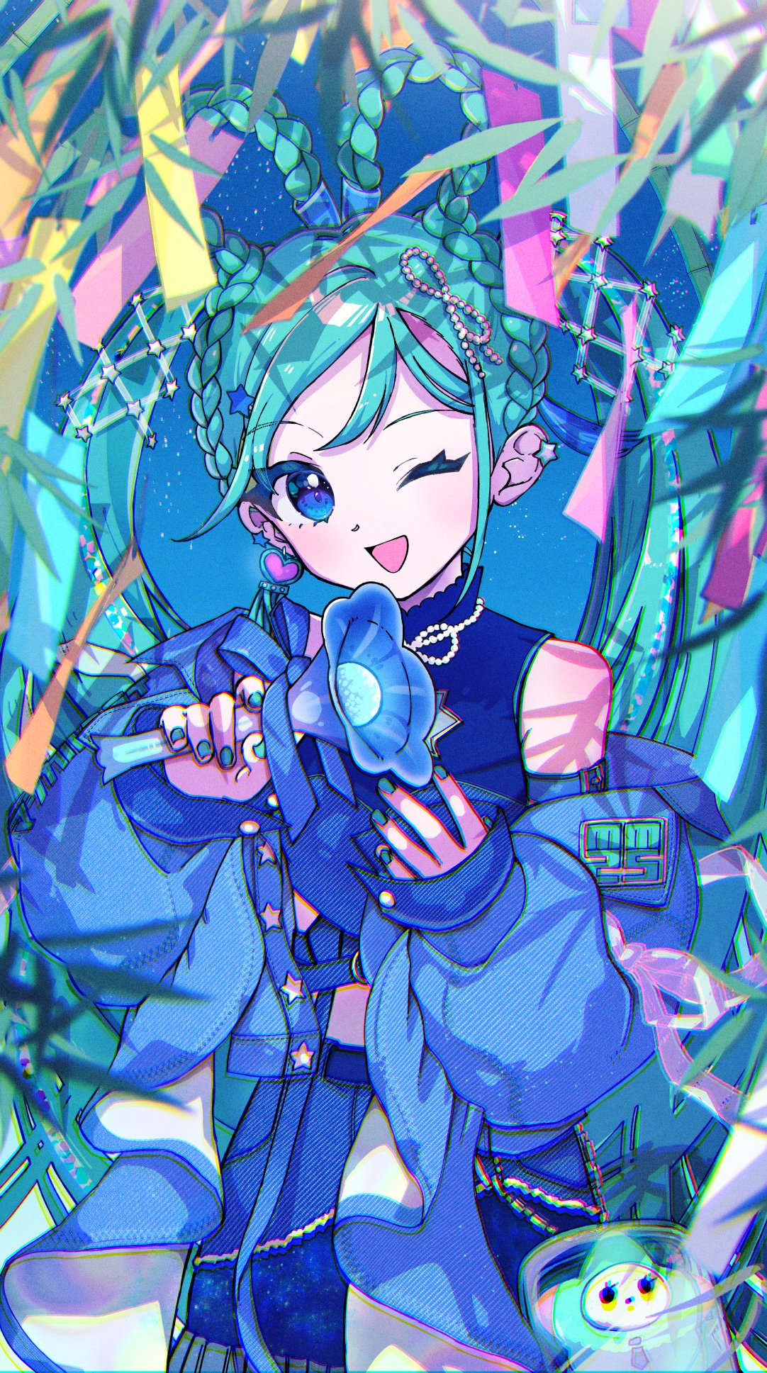 moromoimaru, hatsune miku, magical mirai miku, magical mirai miku (2025), magical mirai (vocaloid), vocaloid, highres, 1girl, aqua hair, aqua nails, blue eyes, blue jacket, blue skirt, blush, braid, crop top, earrings, hair between eyes, hair ornament, heart, heart earrings, holding, holding microphone, jacket, jewelry, long hair, long sleeves, looking at viewer, microphone, official alternate costume, official alternate hairstyle, open clothes, open jacket, open mouth, skirt, smile, solo, star (symbol), star hair ornament, twin braids, twintails, very long hair