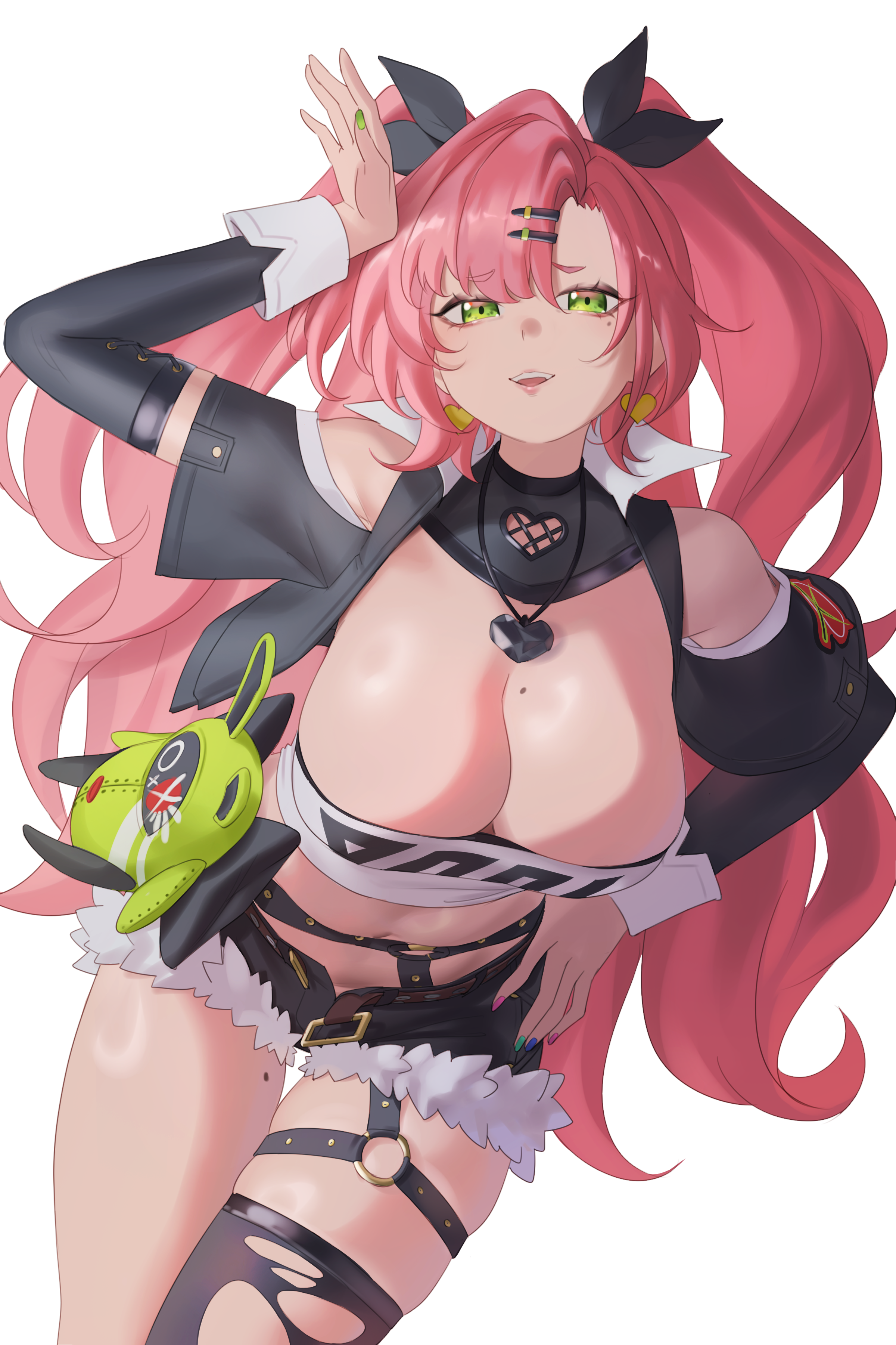 aragiken, amillion (zenless zone zero), bangboo (zenless zone zero), nicole demara, zenless zone zero, absurdres, highres, 1girl, arm up, black shorts, breasts, cleavage, cutoffs, denim, denim shorts, earrings, green eyes, green nails, hair ornament, hairclip, heart, heart earrings, heart pendant, jewelry, large breasts, long hair, midriff, mole, mole on breast, mole on thigh, mole under eye, navel, open fly, pink hair, short shorts, shorts, simple background, single thighhigh, solo, thigh strap, thighhighs, very long hair, white background