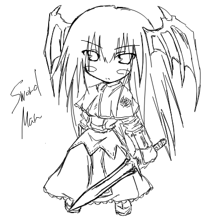 kaminagi (kaminagi-tei), swordsman (ragnarok online), ragnarok online, lowres, source request, 1girl, chibi, female focus, full body, greyscale, holding, holding sword, holding weapon, monochrome, simple background, solo, sword, weapon, white background, wings