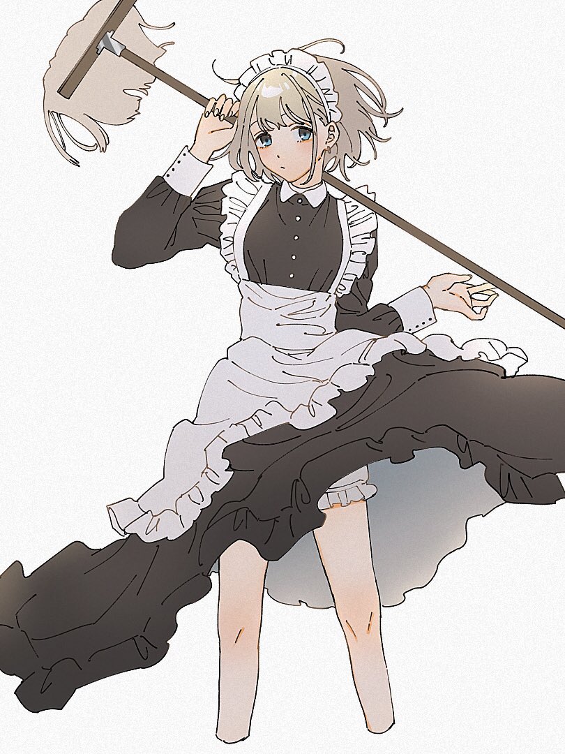 iwawa, serizawa asahi, idolmaster, idolmaster shiny colors, commentary request, 1girl, apron, black dress, bloomers, blue eyes, buttons, closed mouth, clothes lift, collared dress, cropped legs, dot nose, dress, dress lift, earrings, expressionless, fingernails, frilled apron, frills, grey hair, hands up, holding, holding behind neck, holding mop, jewelry, long sleeves, looking at viewer, maid, maid apron, maid headdress, mop, short hair, sidelocks, simple background, solo, underwear, white apron, white background, white bloomers, white sleeve cuffs, wind, wind lift