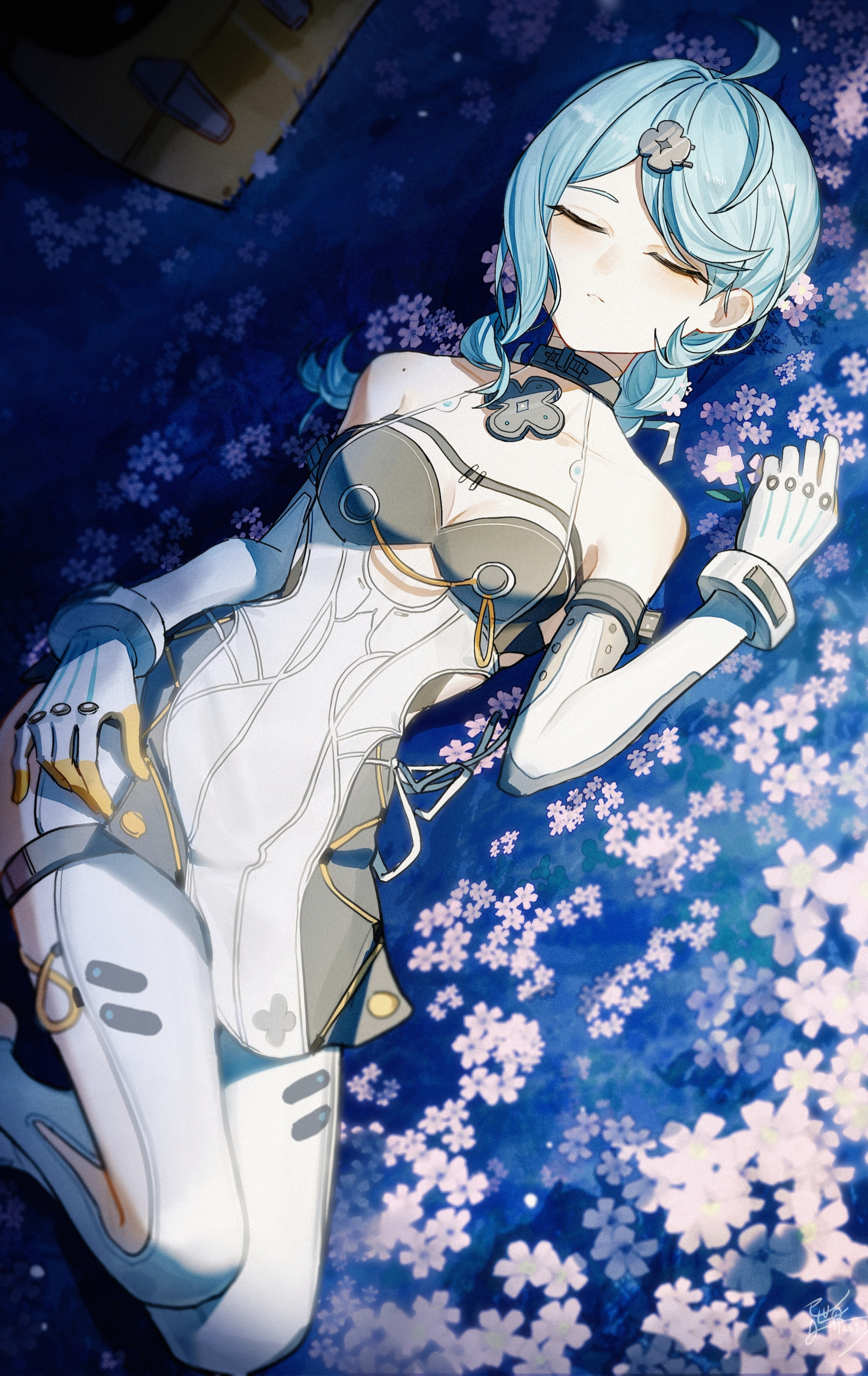 yisjhui, seed (zenless zone zero), zenless zone zero, absurdres, chinese commentary, commentary, highres, 1girl, ahoge, aqua hair, bare shoulders, bodysuit, braid, braided ponytail, breasts, cleavage, closed eyes, clothing cutout, collar, collarbone, detached sleeves, dutch angle, feet out of frame, field, flower, flower field, hair ornament, hairclip, halterneck, long hair, low ponytail, lying, metal collar, mole, mole on shoulder, on back, parted bangs, pink flower, ponytail, side cutout, sleeping, sleeveless, sleeveless bodysuit, solo, thigh cutout, white bodysuit
