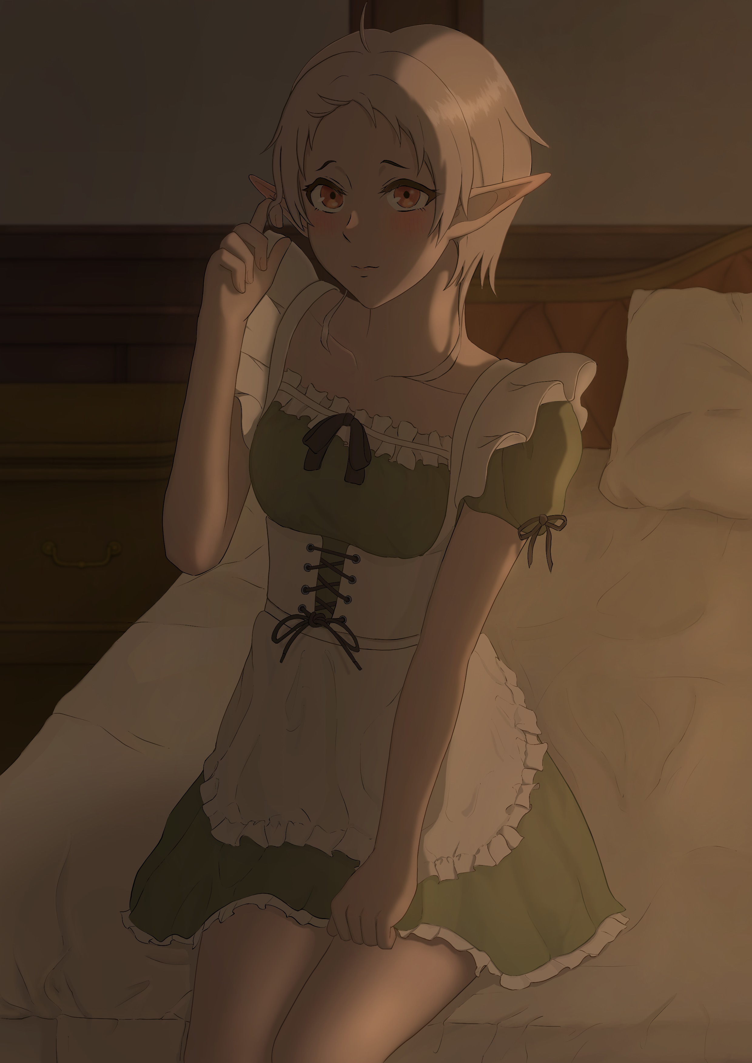 allegro y, sylphiette (mushoku tensei), mushoku tensei, absurdres, commentary request, highres, alternate costume, apron, bed, blush, brown eyes, closed mouth, elf, enmaided, grey hair, hand up, indoors, looking at viewer, maid, maid apron, maid day, on bed, pillow, playing with own hair, pointy ears, short hair, sitting