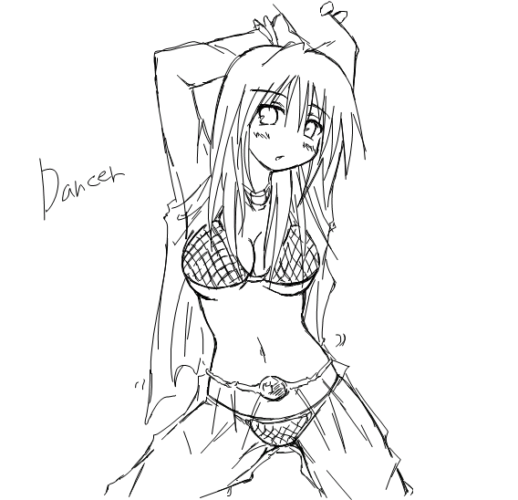 kaminagi (kaminagi-tei), dancer (ragnarok online), ragnarok online, arabian clothes, armpits, arms behind back, arms up, bikini, dancer, greyscale, monochrome, see-through clothes, solo, swimsuit