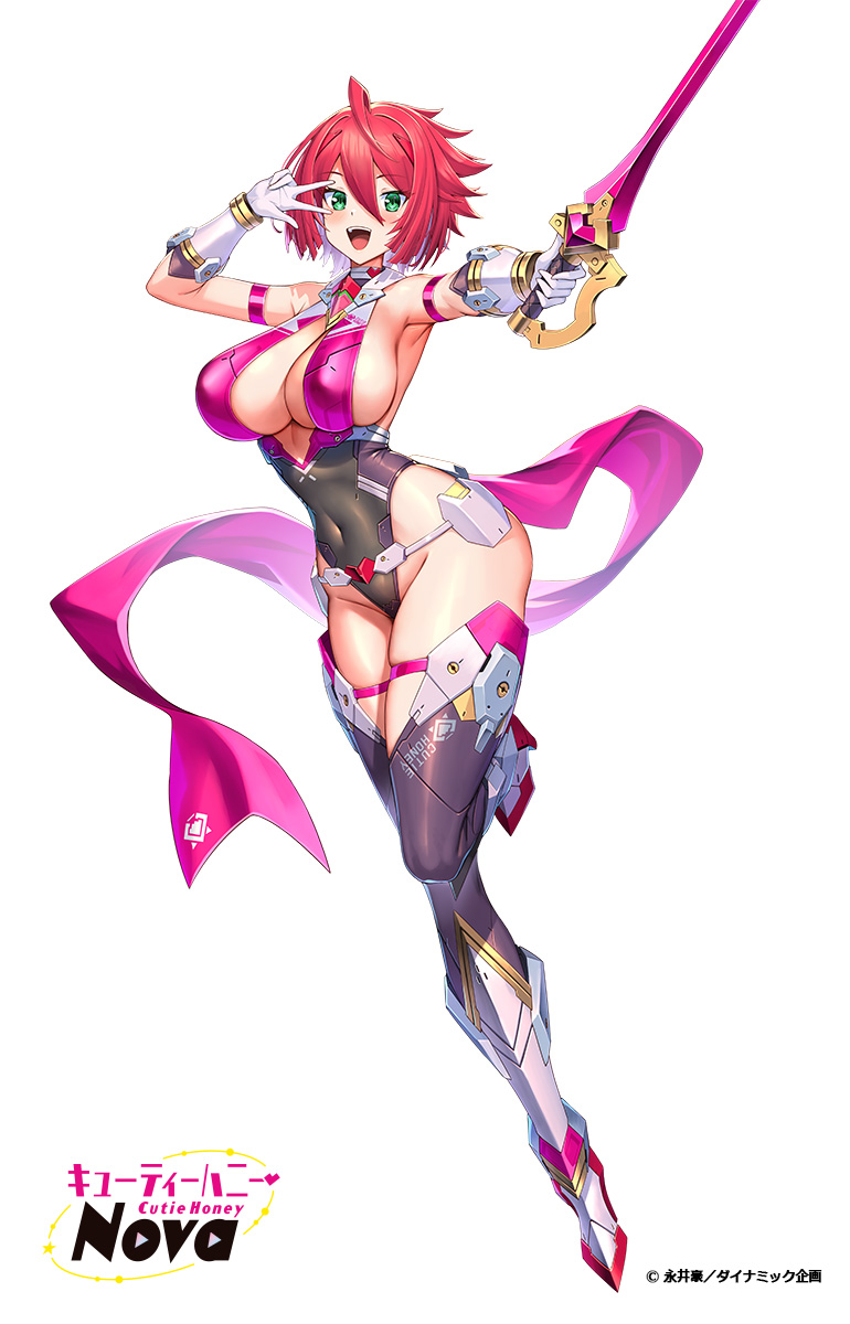 takamine nadare, cutie honey (character), cutie honey, highres, official art, 1girl, armpits, blush, breasts, center opening, cleavage, covered navel, cutie honey nova, gloves, green eyes, hair between eyes, highleg, highleg leotard, holding, holding sword, holding weapon, large breasts, leotard, looking at viewer, red hair, short hair, sideboob, simple background, skindentation, solo, sword, thighhighs, v, v over eye, weapon, white background, white gloves