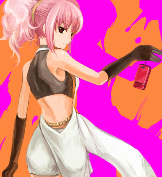 mamepon, anya alstreim, code geass, 00s, 1girl, back, cellphone, expressionless, female focus, gloves, looking back, phone, pink hair, ponytail, red eyes, solo