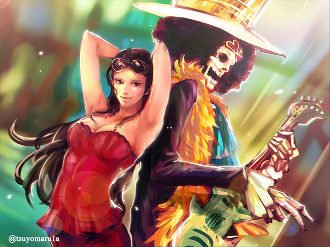 tsuyomaru, brook (one piece), nico robin, one piece, commentary request, 1boy, 1girl, afro, arms up, ascot, black hair, black jacket, blue ascot, crown, eyewear on head, feather boa, guitar, hat, holding, holding guitar, holding instrument, instrument, jacket, red shirt, shirt, smile, twitter username